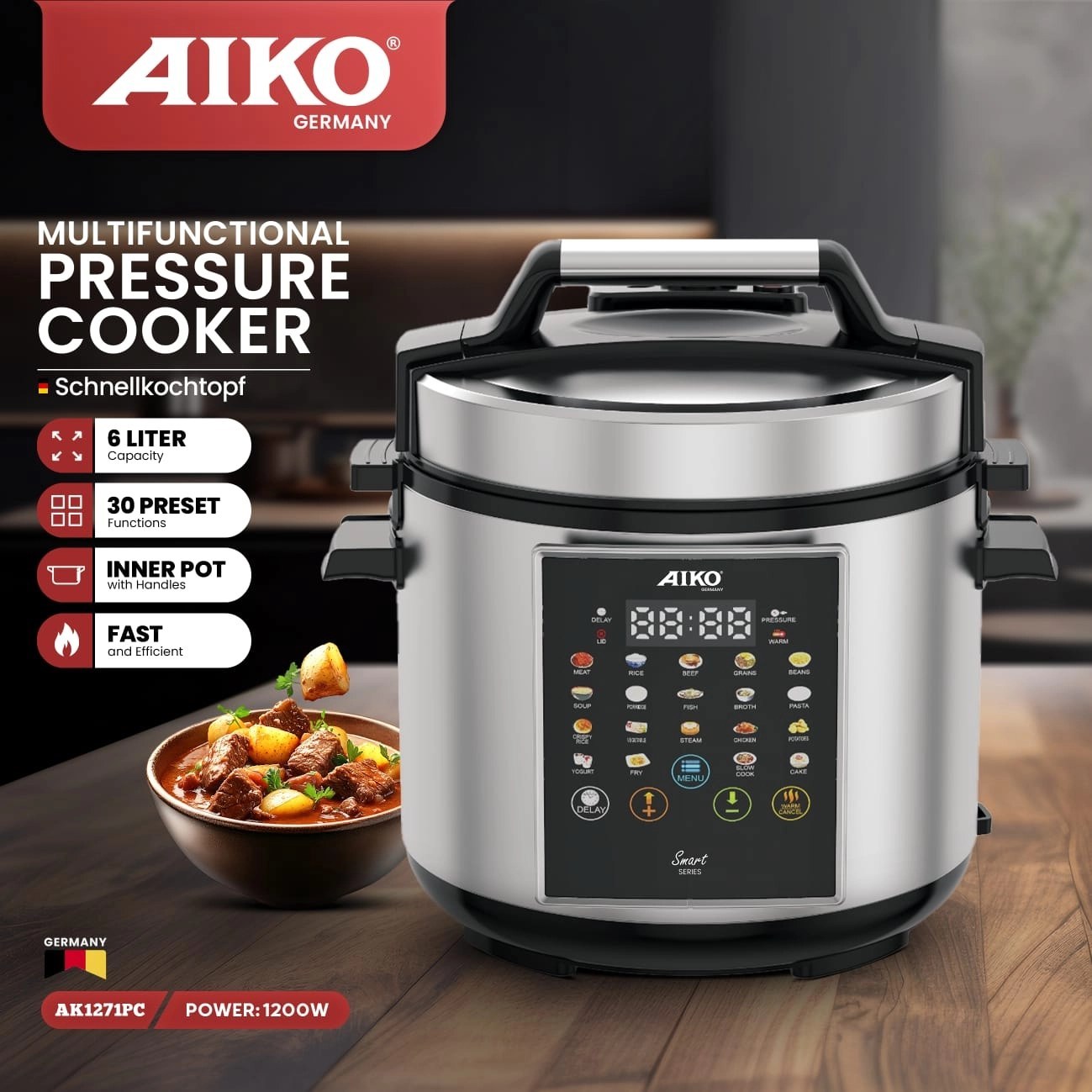 پلوپز چند کاره آیکو مدل AK1271PC ظرفیت ۶ لیتر با بدنه استیل